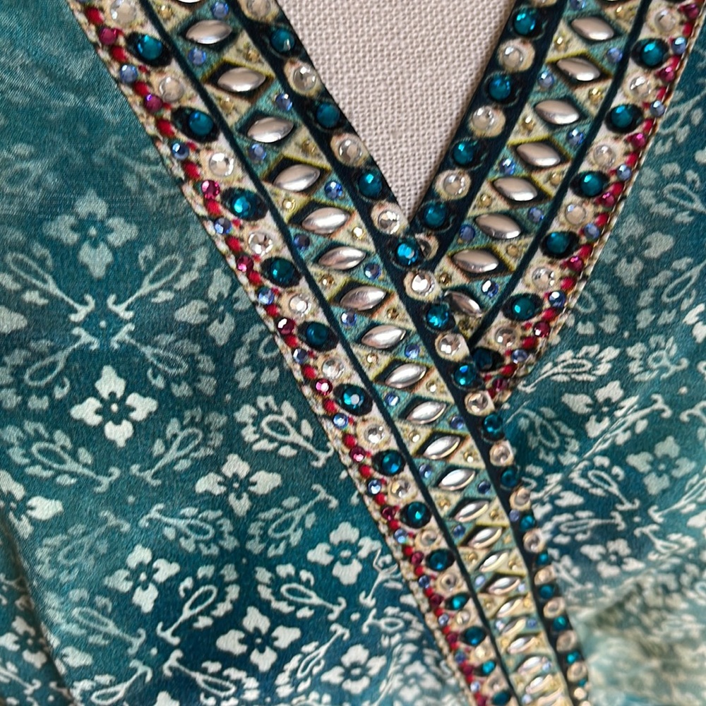 Camilla Teal Floral Print Short Romper with Kimono Sleeves - Picture 4 of 12